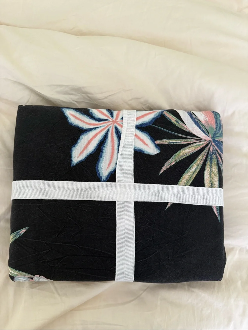 Pottery Barn Black Comforter with Pink Floral & Green Leaf Print